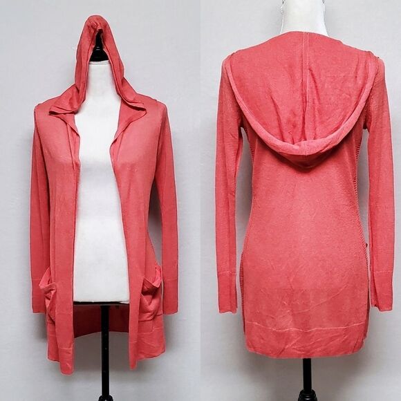 RACHEL Zoe Peach Linen Lightweight Side Slit Long Sleeve Large Hooded Cardigan